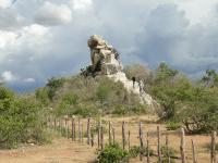 Visão longitudinal de crista do dique granítico, com blocos fraturados no topo. Foto: Rogério Valença Ferreira.