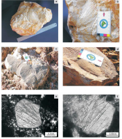 A) shatter cones formados em arenito com aproximadamente 30 x 20cm; B) detalhe do ápice do cones da figura anterior, onde destacam-se suas estrias; C) bloco de arenito exibindo agregados tri-dimensionais de shatter cones; D) shatter cone em basalto com dimensões aproximadas de 15x10cm; E) feições planares de deformação (PDFs) em quartzo com 4 direções cristalográficas; F) PDFs em plagioclásio com cinco direções. Autor: Crósta A. P.; et. al.(2005)