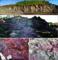 Visão geral das características de campo na Pedreira Tapalam:

a) Fluxo de basalto superior (phh2) (seta amarela indica uma pessoa para escala).
b) Seção transversal mostrando, na base, a brecha escoriácea vulcaniclástica (bc), a localização do tufo, os fluxos finos de pahoehoe vesiculados e cordados (phh1) que formam o piso da pedreira e o fluxo de basalto superior ao fundo (phh2).
c) Detalhe dos fragmentos de blocos de basalto escoriáceo dentro de uma matriz vulcaniclástica.
d) Contato irregular entre os blocos escoriáceos e bombas (sc), matriz vulcaniclástica (sd).