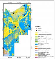 Figura 1 - Mapa geológico simplificado da Bacia Sanfranciscana em Minas Gerais, com a localização do geossítio de Santa Fé de Minas (SIGEP – 97). Compilado do mapa tectônico de Minas Gerais, 2014. Figura anexada pelo responsável do cadastro.