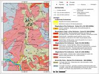 Figura 4 – Mapa geológico do campo pegmatítico Galileia – Mendes Pimentel, com a localização do (1) Pegmatito Sapucaí e (2) Pegmatito Córrego Frio (compilado de Netto et al. 2000, Pedrosa-Soares et al. 2011, Feboli 2014, Feboli &amp; Paes 2014, Oliveira 2014, Vieira 2014).