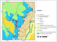 Figura 1 – Mapa Geológico simplificado com a área do Parque Nacional Cavernas do Peruaçu, com a localização das principais cavernas (CPRM, 2014; Cadastro Nacional de Cavidades  (www.cavernas.org.br).