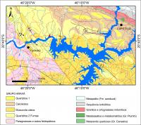 Figura 4 – Mapa geológico simplificado de parte da folha Alpinópolis (Valeriano et al. 2007), com a localização dos Canyons de Furnas (triângulo vermelho).