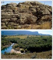 Figura 5 - a) afloramentos reliquiares de quartzito no platô da Serra da Canastra (Foto: M.L.S.C. Chaves); b) Zona do médio São Francisco, onde existiam serviços de mineração e/ou garimpagem de diamantes (Foto: Mario L.S.C. Chaves).