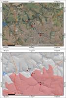 Fig. 1 - Imagem de satélite com a localização do geossítio Seção- tipo da Formação Uberaba; b) modelo digital de terreno com a localização do geossítio.