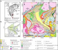 Figura - A) Mapa regional do cráton do São Francisco, destacando a localização da região do Quadrilátero Ferrífero (QF) (modificado de Alkmim e Marshak, 1998); B) blocos tectono-estratigráficos do greenstone belt do Rio das Velhas; C) mapa geológico do QF central (compilado de Endo et al., 2020; Silva et al., 2020a,b; Araújo et al., 2020). O quadrado azul representa a folha de Catas Altas. Compilado de Ferreria et al 2022.