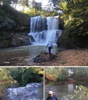 Fig. 2 - a) Vista frontal da cachoeira do Clemente; b) topo da cachoeira; c) travessia do córrego Ponte Alta. 