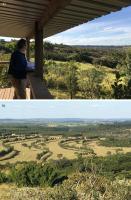 Fig. 2 - a) Vista panorâmica a partir do píer do mirante; b) detalhe dos campos da fazenda com trilhas para ciclismo e caminhada.