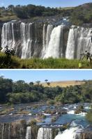 Fig. 2 - a) Vista frontal da Cachoeira da Fumaça; b) detalhe da porção superior da cachoeira.