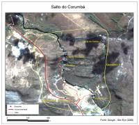 Distribuição dos atrativos relacionados ao geossítio Salto do Corumbá. Fonte: Proposta Geoparque Pireneus (CPRM, 2010)