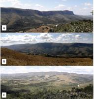 Figura 4 – Fotografias de campo do ponto 6 (coordenadas: S 20º 17.963' W 046º 31.744', cota: 1197 m) da trilha Casca d’Anta– Panorâmica do Chapadão da Babilônia e Vale dos Cândidos (Segmento Parte Alta): A) Panorâmica da escarpa quartzítica do Chapadão da Canastra, observado a SW da área de estudo, no Morro do Carvão, no Vale dos Cândidos (mirada para NNE). B) Panorâmica da escarpa quartzítica do Chapadão da Canastra, observado a SW da área de estudo, no Morro do Carvão, no Vale dos Cândidos (mirada para NNW). C) Panorâmica do Chapadão da Babilônia, do Morro do Carvão e do Vale dos Cândidos, observados a SW da área, no Chapadão da Canastra.