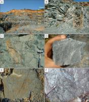 A) Pedreira de Joaspe, vista de paisagem (localização 1) e posição das localizações L2, L3 e L4. As elevações no canto direito marcam os limites de cada bancada; B) Sigmoides métricos a decamétricos de metakomatiítos, bordejadas por xistos ultramáficos e zonas de cisalhamento; C) fluxo maciço articulado na localização 2; e D) amostra de mão de serpentinito de grão fino cortado por veios de carbonato de escala milimétrica (ver setas); E) fluxo brechado na localização 3, e F) detalhe de brecha vulcânica com textura de quebra-cabeças. Compilado de Ferreria et al 2022.
