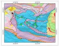 Figura 5 – Mapa geológico simplificado com a localização do LIG´s e trilhas levantadas por Ostanello et al. (2013). 1 – Trilha do Manso; 2 – Trilha do Calaes; 3 – Trilha do Pico; 4 – Trilha do Sertão; 5 – Trilha da Serrinha. A legenda é a mesma da figura 1.