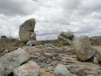 Blocos exumados e fragmentos de várias dimensões no topo do Lajedo do Bravo, com a presença, ao fundo, de blocos empilhados do tipo tor. Foto: Rogério Valença Ferreira.