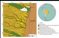 Mapa geológico da região do geossítio, com delimitação da área de interesse. Fonte da área continental: Schobbenhaus et al. 1995. Área oceânica: dados próprios. Produzido em novembro de 2023.