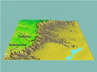 Imagem da região dos dois cânions mostrando a linha da borda da escarpa, os contrafortes basálticos, morros testemunhos e a extensa planície costeira. Imagem: Godoy et al., 2011.