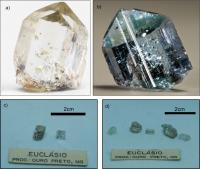 Figura 5 – Amostras de euclásio. a) amostra de euclásio do Museu de Geociências da USP, São Paulo, originado a localidade Dom Bosco, a oeste de Rodrigo Silva (Foto de Thales Trigo, compilada de Atencio 2020); b) amostra de euclásio azul do Museu de Minas e do Metal, com dimensões 1,7 x 1,3 x 0,4cm (foto cedida pelo museu); c) e d) amostras de euclásio do Museu de Ciências da Terra, Rio de Janeiro.