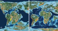 Fig. 4 - Reconstituição paleogeográfica de dois momentos da separação dos continentes (América do Sul e África) com a localização das bacias São Bento e Bauru. a) Aptiano Inferior (121,8 Ma); b) Paleoceno (60,6 Ma). Grupo São Bento (em amarelo) e Grupo Bauru (em vermelho). Reconstituições compiladas de Scotese (2014).