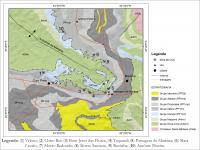 Fig. 8 - Mapa geológico simplificado da região do Anticlinal de Mariana com a localização da Mina da Passagem e outras minas de ouro da região. As minas foram compiladas de Vial et al. 2007 e do Mapa Geológico de Minas Gerais (CPRM, 2014). 