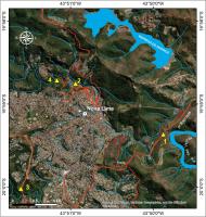 Imagem de satélite com a localização do geossítio Lapa Seca e de outros geossítios na região de Nova Lima. (1) Geossítio Lapa Seca; (2) Mina Morro Velho; (3) Formação Ferrífera arqueana tipo Algoma; e (4) Centro de Memória da Mina Morro Velho. Fonte BaseMap do ArcGis.