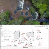 Marmitas do Mutum. A) Foto aérea das marmitas; B) Distribuição em plantas das marmitas da Cachoeira do Mutum. Fonte: Souza, J.H.F. 2019. Análise geológica e geomorfológica nas marmitas (weathering pit) da Cachoeira do Mutum, Presidente Figueiredo. Relatório Final. Programa Institucional de Iniciação Científica (PIBIC). Universidade Federal do Amazonas.