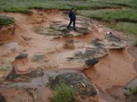 O sítio da geodiversidade Fazenda dos Meios é um belo conjunto de afloramentos em terreno particular formado por pavimentos  irregulares e pequenos barrancos que não ultrapassam 2 metros
de altura. Afloramento composto basicamente por arenitos finos de idade triássica inferior. Existe potencial fossilífero neste sitio da geodiversidade. (Autor: Michel Godoy/2008)